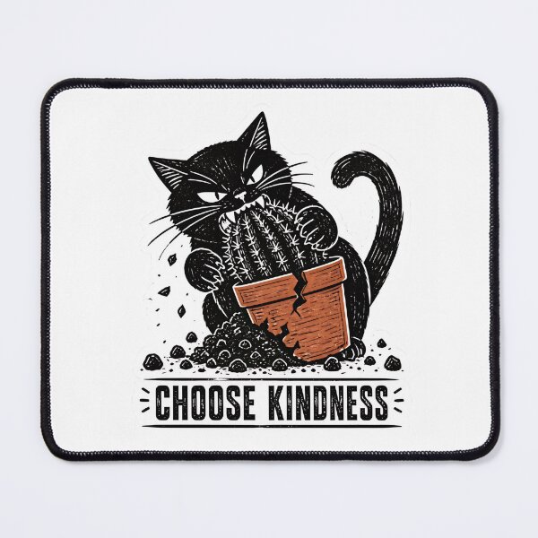 Item preview, Linocut Angry Black Cat Eating Cactus Choose Kindness designed and sold by RareVisuals.