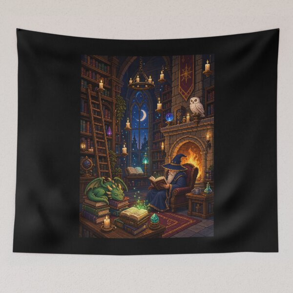 Item preview, Moonlit Wizard Library with a Sleeping Dragon  designed and sold by Sketchlegacy.
