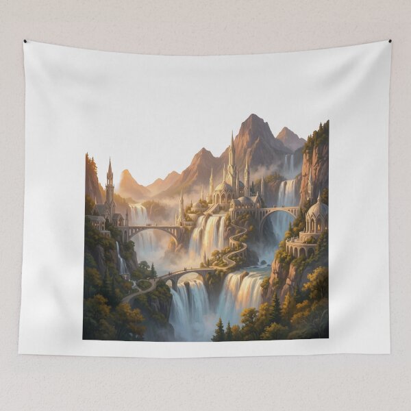 Item preview, Rivendell Elven City Waterfall Lord of the Rings Fantasy Landscape Poster designed and sold by LunaMarkos.
