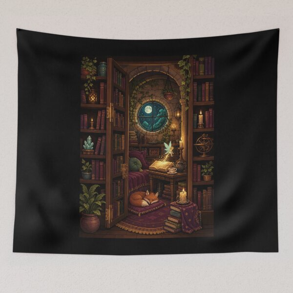 Item preview, Moonlit Secret Library with Fairy and Sleeping Fox  designed and sold by Sketchlegacy.