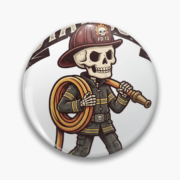 Item preview, Skeleton Firefighter in Full Gear Carrying Hose and Nozzle with Flaming Banner designed and sold by MisteryDesigner.