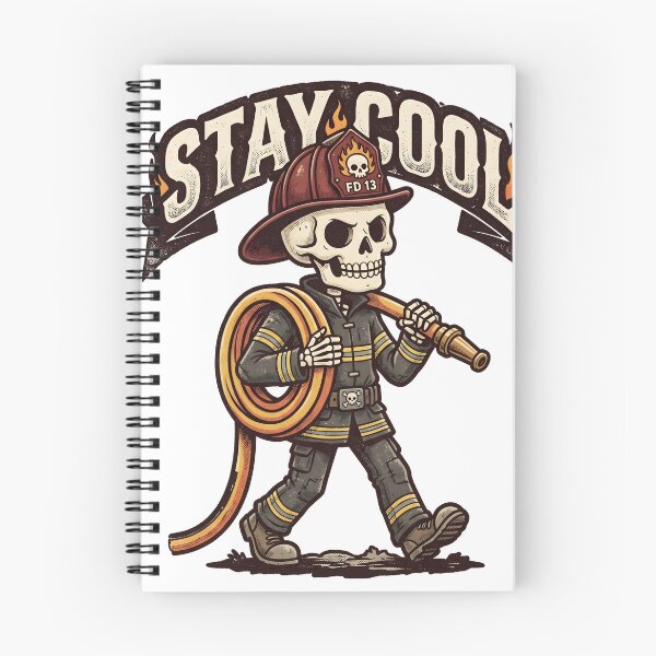 Item preview, Skeleton Firefighter in Full Gear Carrying Hose and Nozzle with Flaming Banner designed and sold by MisteryDesigner.