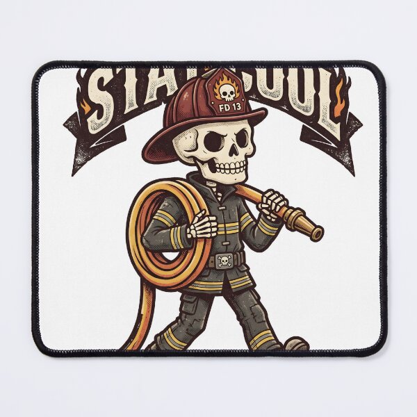 Item preview, Skeleton Firefighter in Full Gear Carrying Hose and Nozzle with Flaming Banner designed and sold by MisteryDesigner.