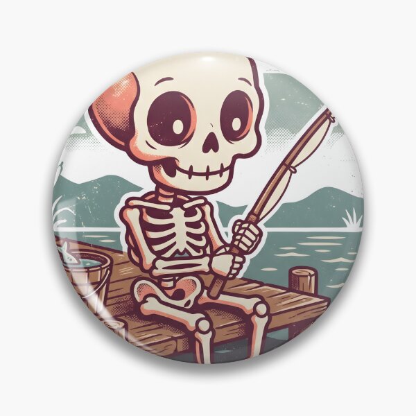 Item preview, Skeleton Sitting on Wooden Dock Fishing with Small Fish on Line designed and sold by MisteryDesigner.