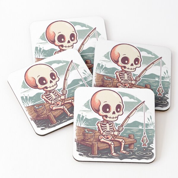Item preview, Skeleton Sitting on Wooden Dock Fishing with Small Fish on Line designed and sold by MisteryDesigner.