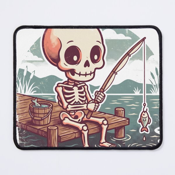 Item preview, Skeleton Sitting on Wooden Dock Fishing with Small Fish on Line designed and sold by MisteryDesigner.