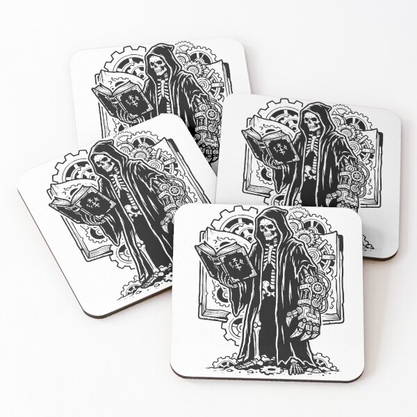Item preview, Grim Reaper in Hooded Robes with Steampunk Mechanical Arm Reading Open Book Against designed and sold by MisteryDesigner.