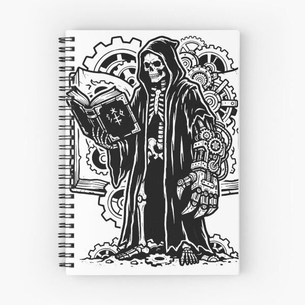Item preview, Grim Reaper in Hooded Robes with Steampunk Mechanical Arm Reading Open Book Against designed and sold by MisteryDesigner.