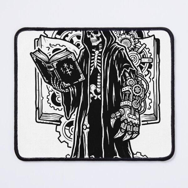 Item preview, Grim Reaper in Hooded Robes with Steampunk Mechanical Arm Reading Open Book Against designed and sold by MisteryDesigner.
