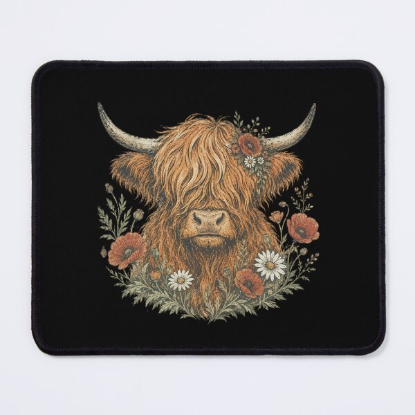 Item preview, Shaggy Highland Cow with Wildflowers Poppies Daisies – Distressed Vintage Seed Packet Woodblock Illustration designed and sold by OnPointOutfits.