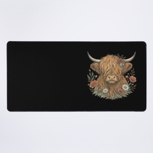 Item preview, Shaggy Highland Cow with Wildflowers Poppies Daisies – Distressed Vintage Seed Packet Woodblock Illustration designed and sold by OnPointOutfits.