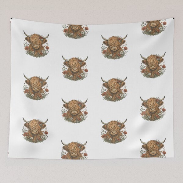 Item preview, Shaggy Highland Cow with Wildflowers Poppies Daisies – Distressed Vintage Seed Packet Woodblock Illustration designed and sold by OnPointOutfits.