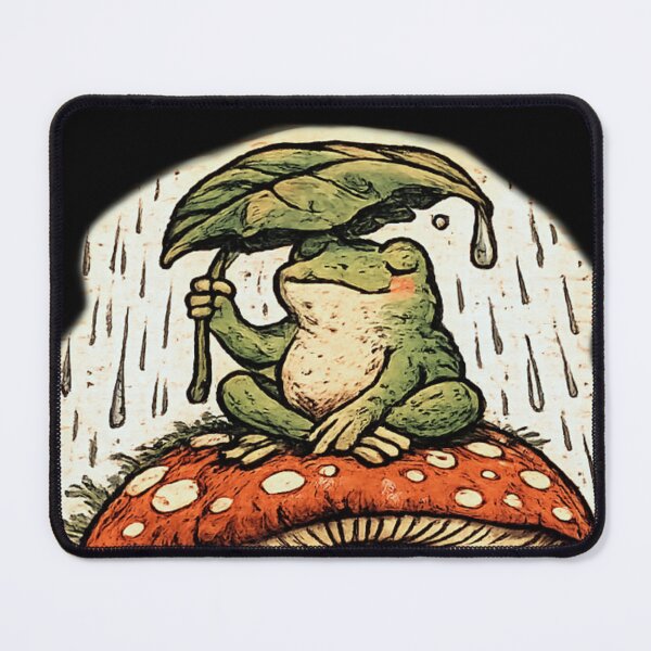 Item preview, Contented Frog on Mushroom Holding Leaf Umbrella in Rain – Woodblock Linocut Folk Art Illustration designed and sold by OnPointOutfits.