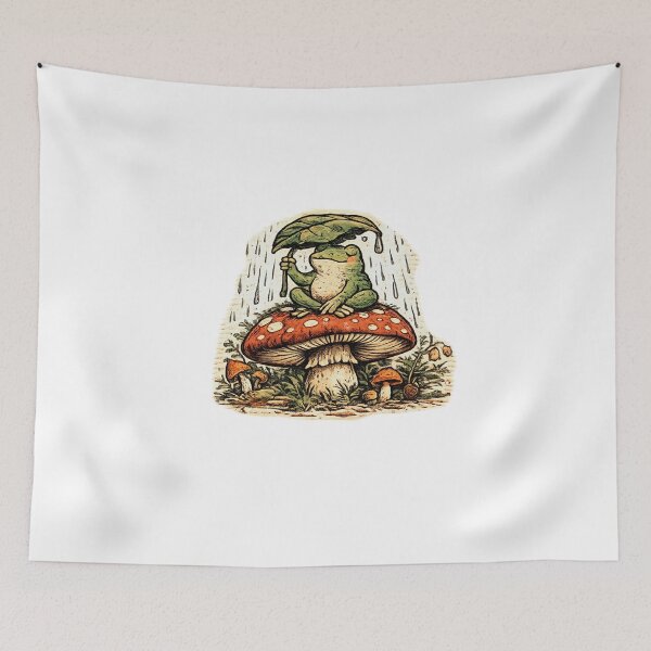 Item preview, Contented Frog on Mushroom Holding Leaf Umbrella in Rain – Woodblock Linocut Folk Art Illustration designed and sold by OnPointOutfits.