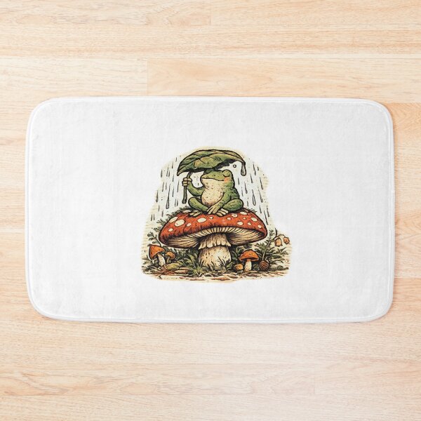 Item preview, Contented Frog on Mushroom Holding Leaf Umbrella in Rain – Woodblock Linocut Folk Art Illustration designed and sold by OnPointOutfits.