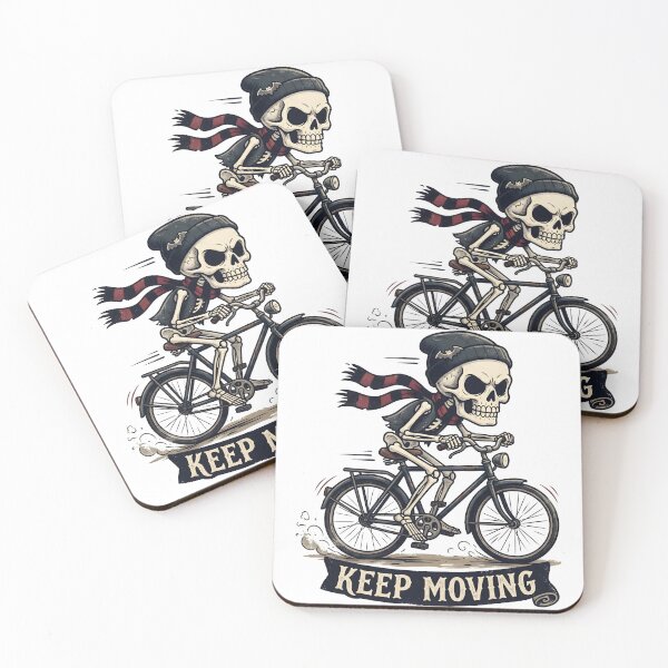 Item preview, keleton in Beanie and Striped Scarf Riding Bicycle with Banner Below designed and sold by MisteryDesigner.