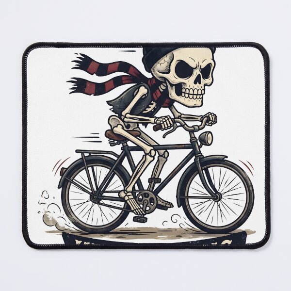 Item preview, keleton in Beanie and Striped Scarf Riding Bicycle with Banner Below designed and sold by MisteryDesigner.