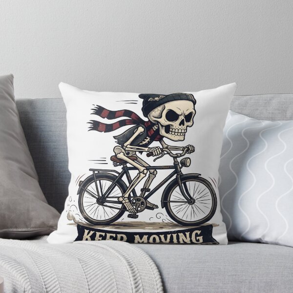 Item preview, keleton in Beanie and Striped Scarf Riding Bicycle with Banner Below designed and sold by MisteryDesigner.
