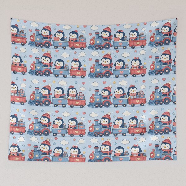 Item preview, Penguin Heart Train Kawaii Pattern designed and sold by Soft Berry Studio.