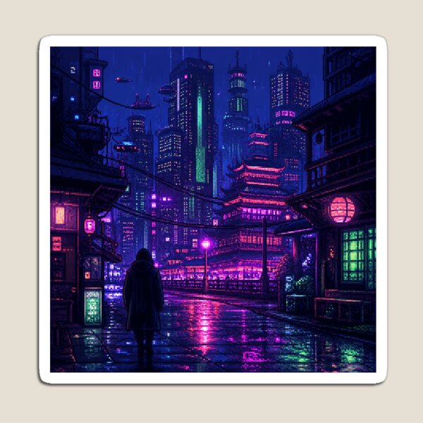 Item preview, Cyberpunk Neon City Pixel Art Night Rain designed and sold by Pixel_lab.