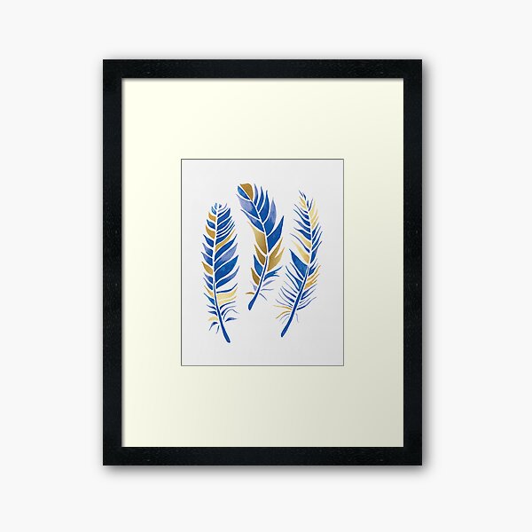 Watercolour Feathers - Navy and Gold Framed Art Print
