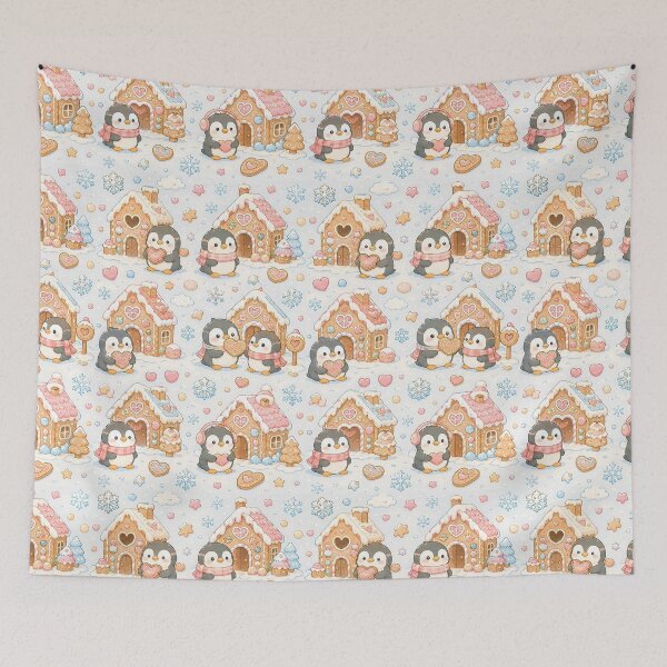 Item preview, Penguin Love Cookie House Kawaii Pattern designed and sold by Soft Berry Studio.