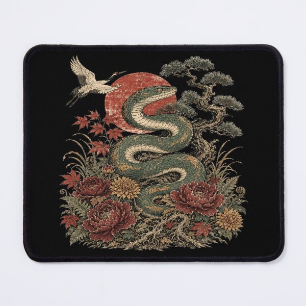 Item preview, Japanese Woodblock Serpent Shirt with Peonies and Crane designed and sold by POD DYNASTY | Original Print On Demand T-Shirt Graphics.