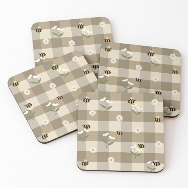 Item preview, Hand-Drawn Bumblebee & Daisy Taupe Gingham Pattern designed and sold by WEBiC-ART Creative Studio.