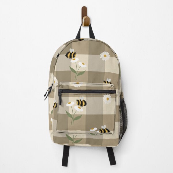 Item preview, Hand-Drawn Bumblebee & Daisy Taupe Gingham Pattern designed and sold by WEBiC-ART Creative Studio.