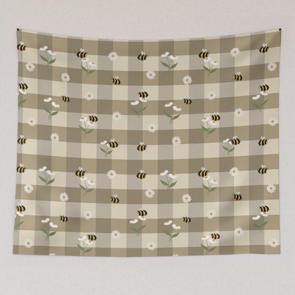 Item preview, Hand-Drawn Bumblebee & Daisy Taupe Gingham Pattern designed and sold by WEBiC-ART Creative Studio.