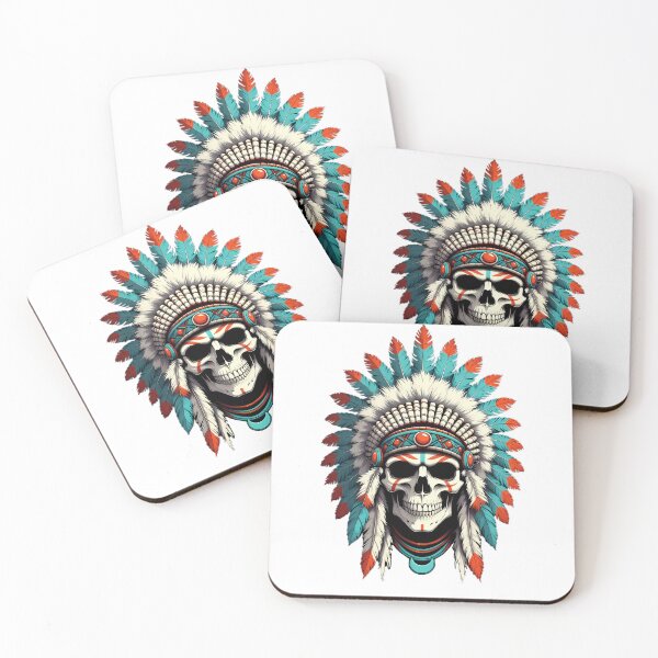 Item preview, Skull Wearing Feathered War Bonnet Headdress designed and sold by Linework Studio.