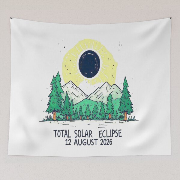 Item preview, For the 2026 eclipse, natural environment with mountains, trees and eclipse with phrase TOTAL SOLAR ECLIPSE 12 AUGUST 2026 designed and sold by Giulivo Store Graphic.