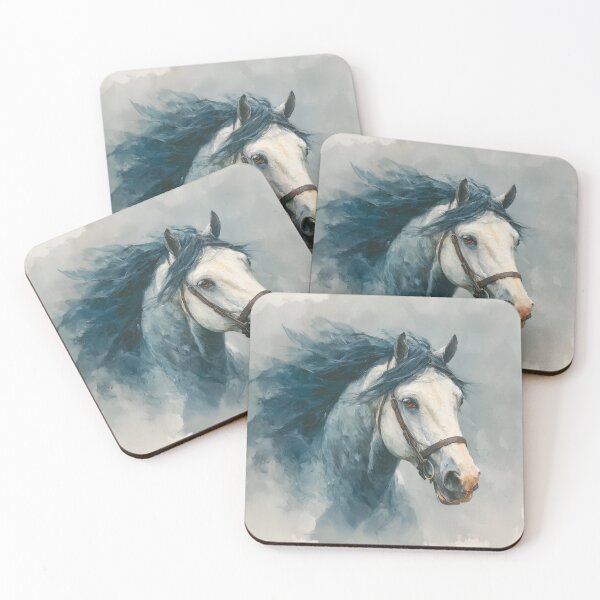 Item preview, White Horse with Flowing Blue Mane Painting designed and sold by RossignolStudio.