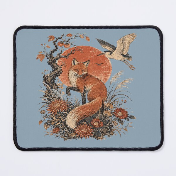 Item preview, Japanese Woodblock Fox with Autumn Flowers and Night Heron designed and sold by POD DYNASTY | Original Print On Demand T-Shirt Graphics.