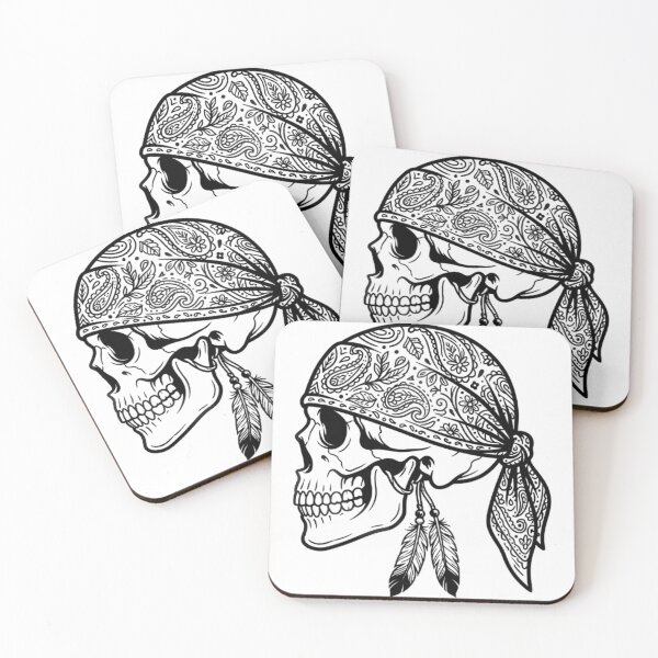 Item preview, Skull Wearing Paisley Bandana With Feathers designed and sold by Linework Studio.