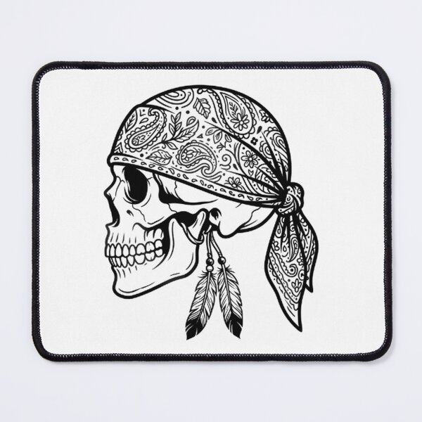Item preview, Skull Wearing Paisley Bandana With Feathers designed and sold by Linework Studio.