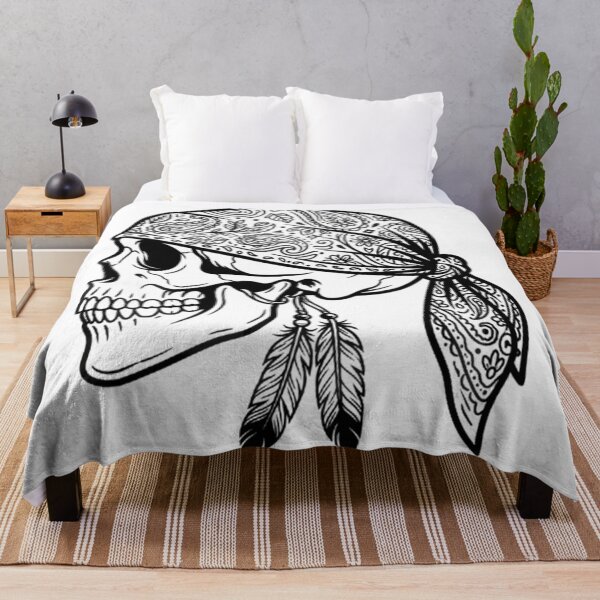 Item preview, Skull Wearing Paisley Bandana With Feathers designed and sold by Linework Studio.