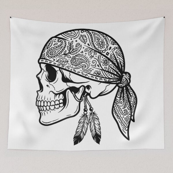 Item preview, Skull Wearing Paisley Bandana With Feathers designed and sold by Linework Studio.