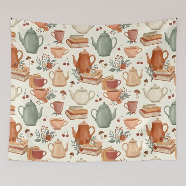Item preview, Floral Teapots Teacups and Stacks of Books Pattern designed and sold by mybegoniatee.