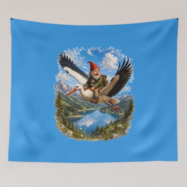Item preview, Alpine Gnome Flying on a Stork – Funny Fantasy Mountain Adventure designed and sold by Alpine-Ink.