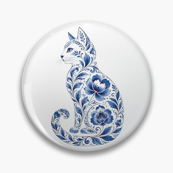 Item preview, Cat Silhouette with Blue Floral Pattern in Porcelain Style designed and sold by Lucia Amaris Art.