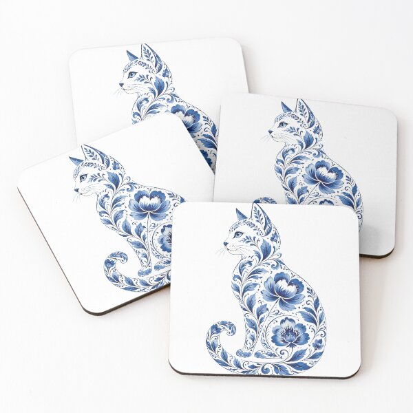 Item preview, Cat Silhouette with Blue Floral Pattern in Porcelain Style designed and sold by Lucia Amaris Art.