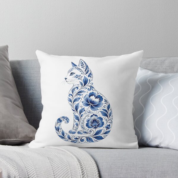 Item preview, Cat Silhouette with Blue Floral Pattern in Porcelain Style designed and sold by Lucia Amaris Art.