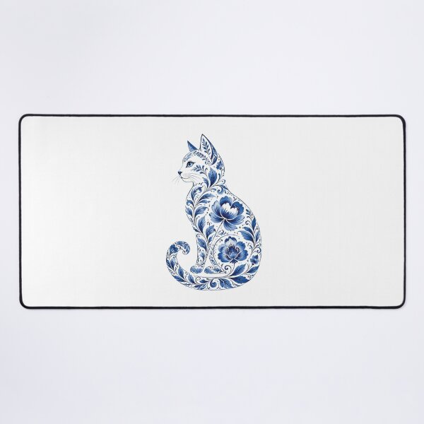 Item preview, Cat Silhouette with Blue Floral Pattern in Porcelain Style designed and sold by Lucia Amaris Art.