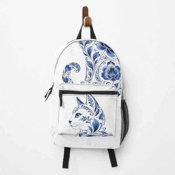 Item preview, Cat Silhouette with Blue Floral Pattern in Porcelain Style designed and sold by Lucia Amaris Art.