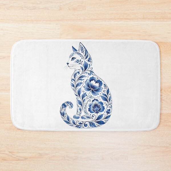 Item preview, Cat Silhouette with Blue Floral Pattern in Porcelain Style designed and sold by Lucia Amaris Art.