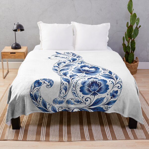 Item preview, Cat Silhouette with Blue Floral Pattern in Porcelain Style designed and sold by Lucia Amaris Art.