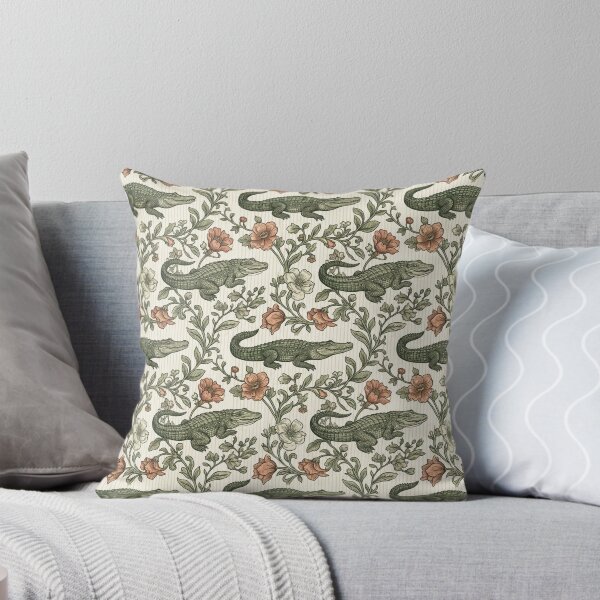 Aperçu de l'œuvre Motif botanique vintage d'alligator, illustration animalière style cottagecore, estampe florale des marais du Sud créée et vendue par SezzyDesigns.