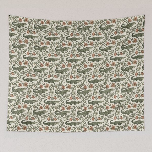 Item preview, Vintage Botanical Alligator Pattern, Cottagecore Wildlife Illustration, Southern Swamp Floral Art Print designed and sold by SezzyDesigns.