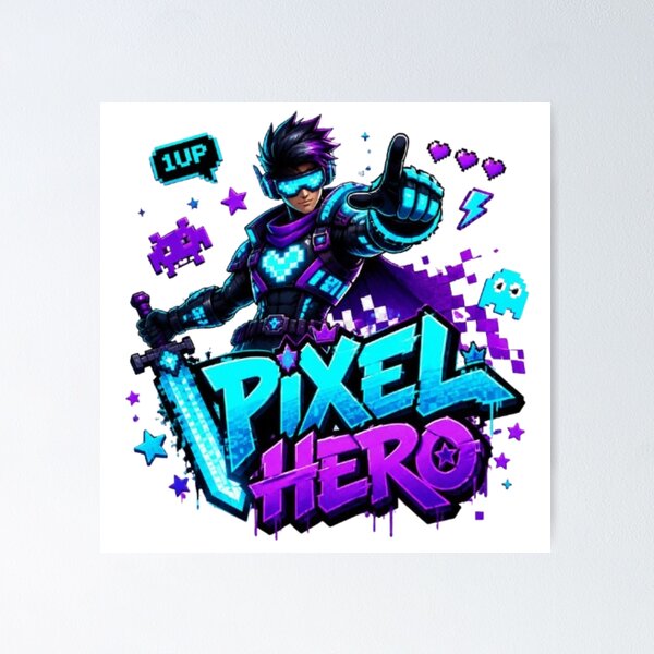 Item preview, PIXEL HERO Gaming Sticker | Retro Pixel Gamer Neon Graphic Design designed and sold by Stylestickers55.